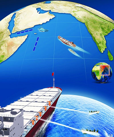 也門(mén) 索馬里 我國(guó)護(hù)航艦隊(duì)530艦艇“樂(lè)從”輪事發(fā)海域“樂(lè)從”輪船員奮力擊退海盜“樂(lè)從”輪擊退海盜示意圖。