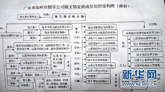 圖為廣東省汕尾市煙草專賣局局長陳文鑄家族成員組織結(jié)構(gòu)圖（1月13日攝）。新華社記者 劉大江 攝